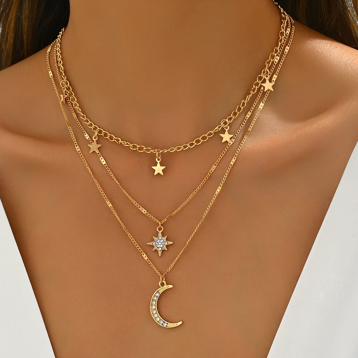 Elegant Boho-Chic Multi-Layer Golden Necklace for Women with Star and Moon Pendants, Sparkling Rhinestone Accents - Vintage/Bohemian Style, Zinc Alloy, Perfect for Casual Attire, Charm Necklace
